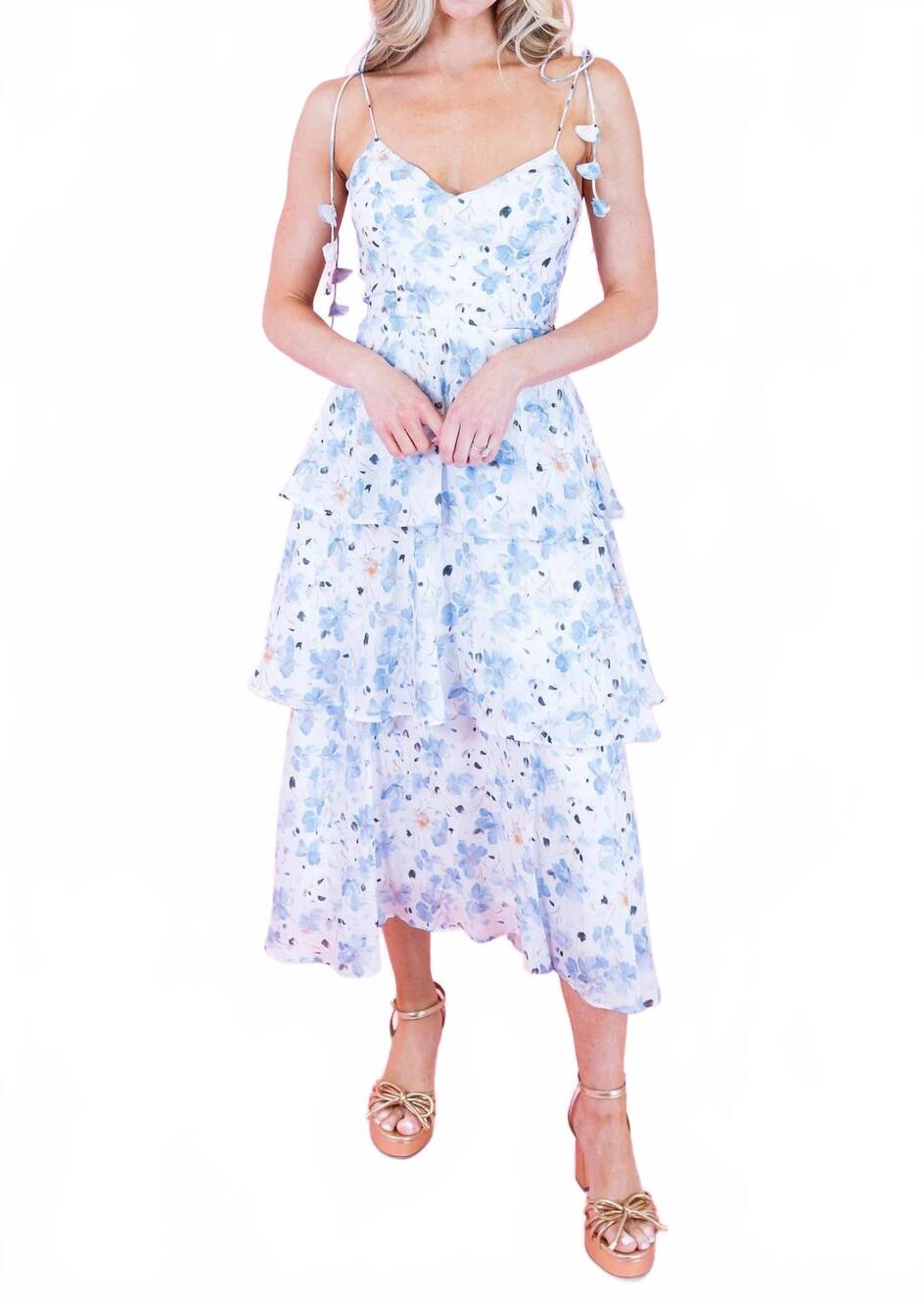 NEW LUCY PARIS maizie tiered dress in white/blue